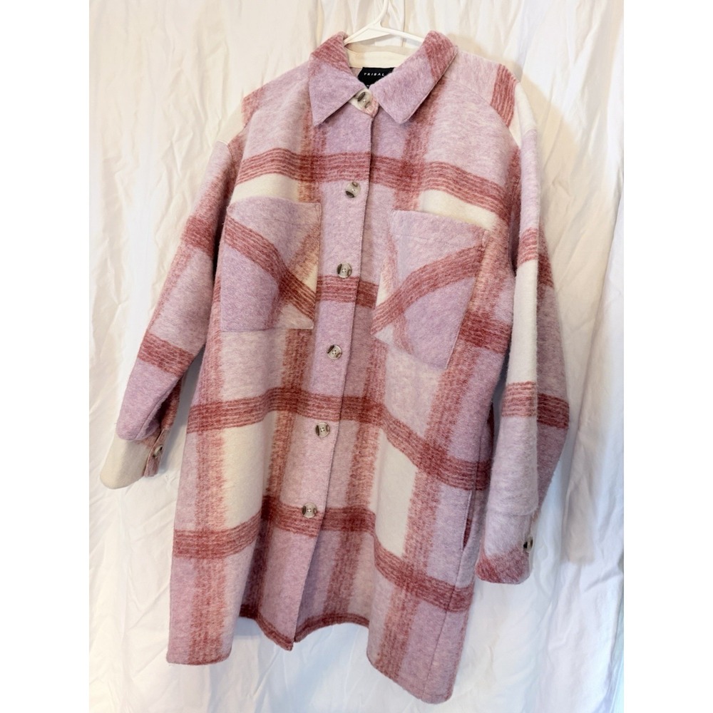 Tribal Jeans pink plaid jacket shacket Medium shirt coat Trims Barn coat